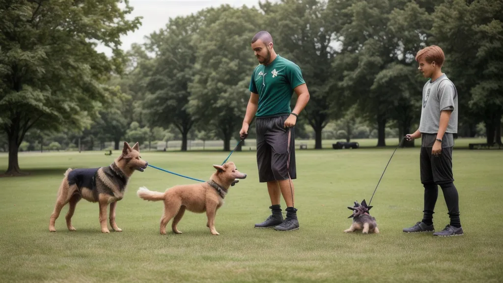 Propriétaire consultant un guide de dressage canin sur une tablette dans un parc, pour progresser en éducation canine