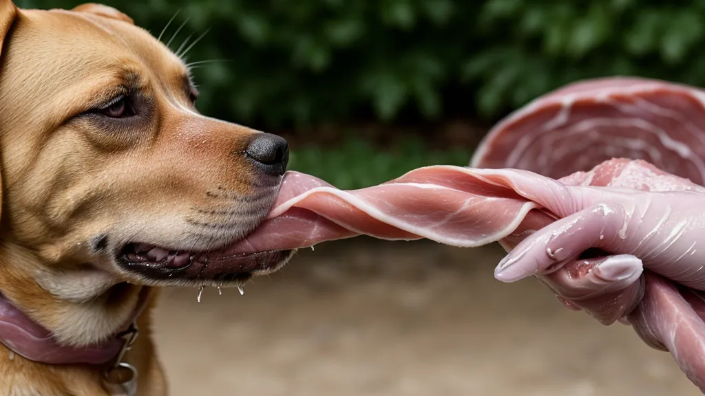 Gros plan sur une main offrant du jambon comme récompense de haute valeur à un chien.