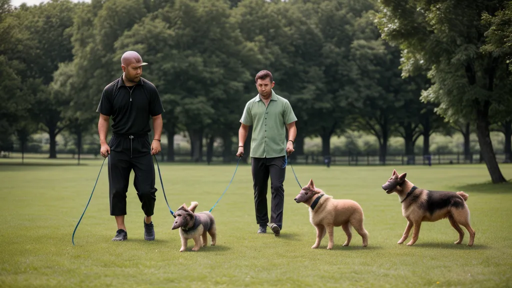 Un chien de type berger-croisé assis calmement pendant un exercice de dressage canin sur les hauteurs de Lyon.