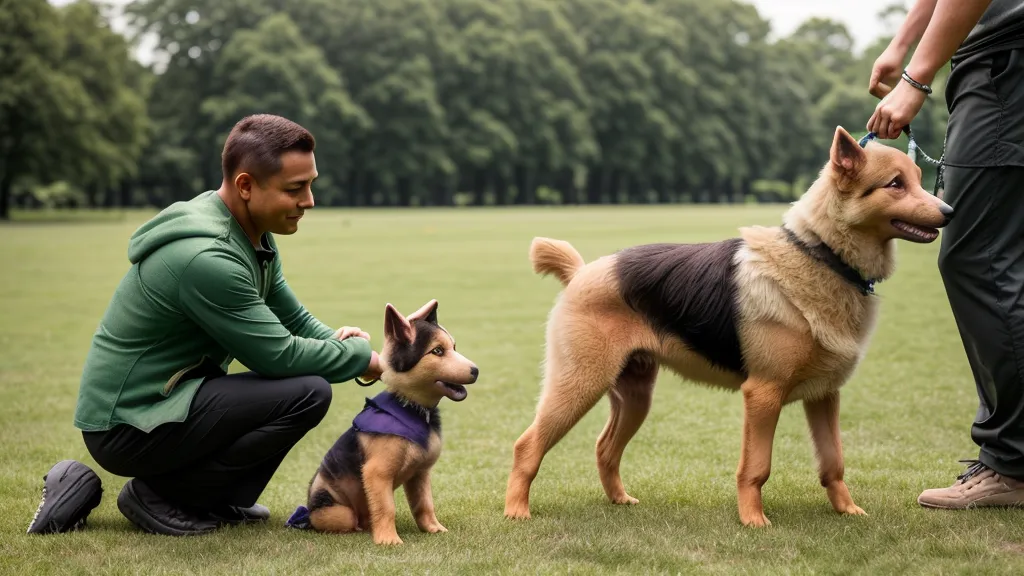 Un chien croisé berger assis calmement dans le Parc de la Tête d'Or à Lyon.