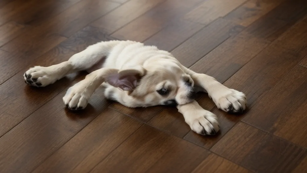 Pattes de chien immobiles sur le parquet dans un couloir d'appartement