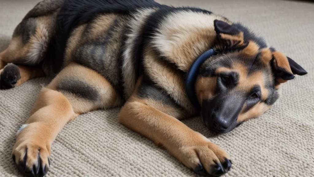 Chien couché détendu sur un tapis après une séance d'exercice mental