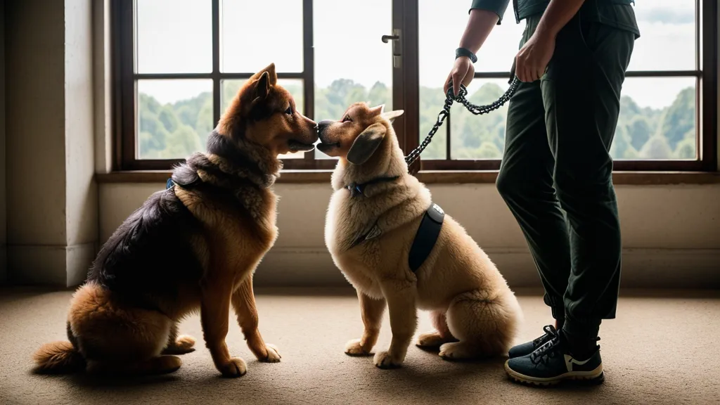 Homme les bras croisés debout face à son chien assis calmement