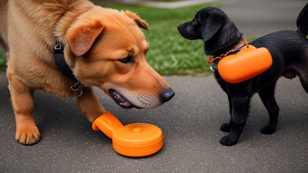 Main présentant un jouet de traction résistant à un chien attentif