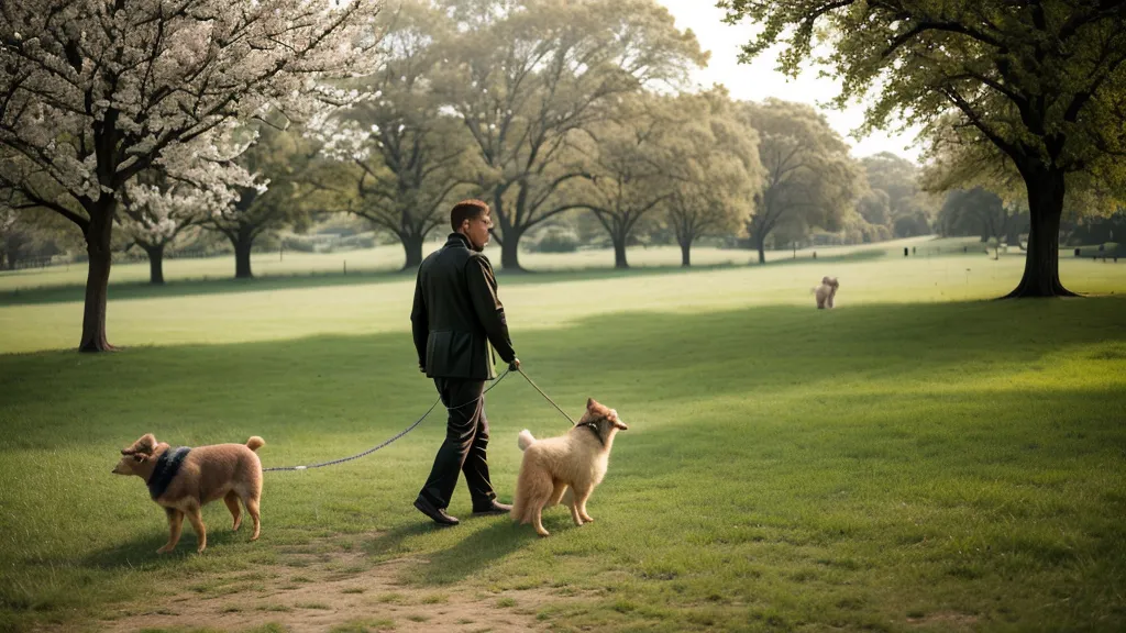 Julien promenant son chien Max en laisse dans un parc