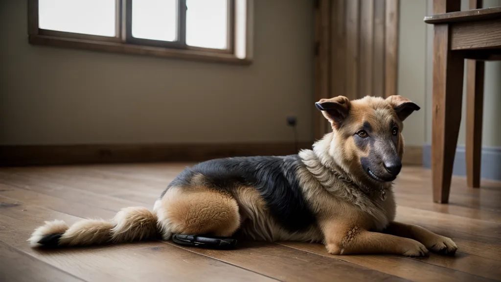 chien calme assis à côté d'une brosse de toilettage sur un parquet