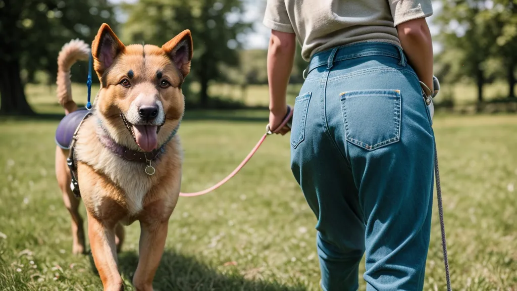 Chien marchant calmement en laisse après quelques semaines d'entraînement