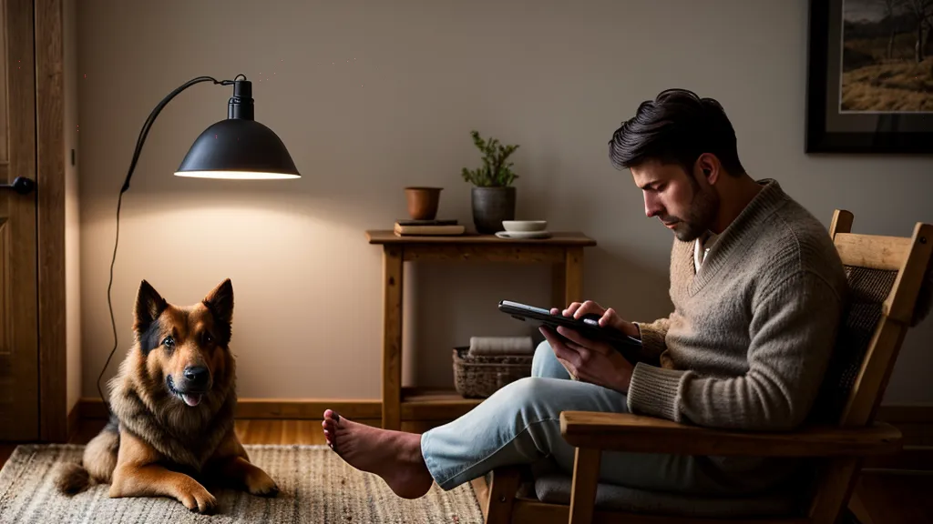 Propriétaire consultant un guide de dressage pendant que son chien se repose