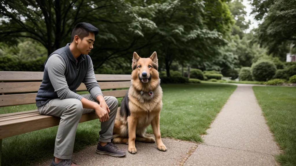 Propriétaire consultant un guide d'éducation canine sur son téléphone au parc.