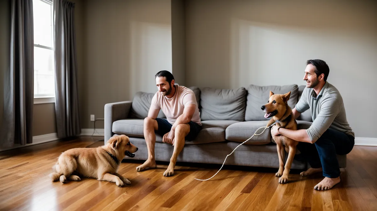 Comparatif des guides pour apprendre des tours à son chien chez soi : séance de dressage dans le salon avec un chien attentif