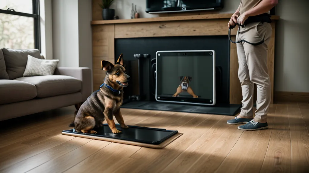 Tablette affichant un guide vidéo de dressage canin avec un homme et son chien en arrière-plan, comparatif de méthode pour apprendre des tours