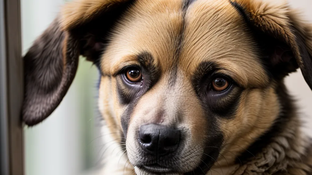Gros plan sur la tête d'un chien montrant l'expression de ses oreilles et de ses yeux.
