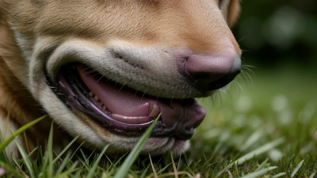 Gros plan sur la truffe d'un chien reniflant l'herbe mouillée dans un jardin.