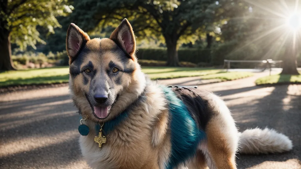 Chien de refuge éduqué assis calmement dans un parc après ses séances d'entraînement.