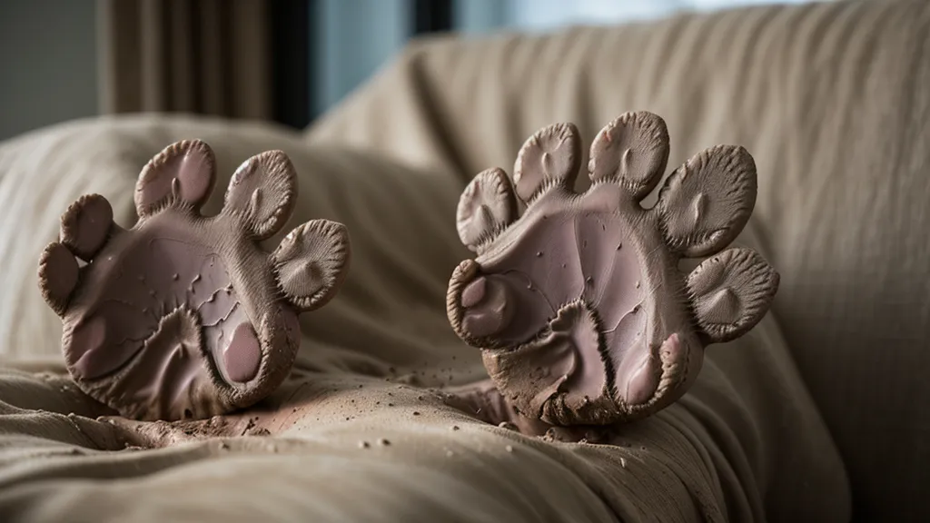Empreintes de pattes de chien boueuses sur un canapé en tissu clair