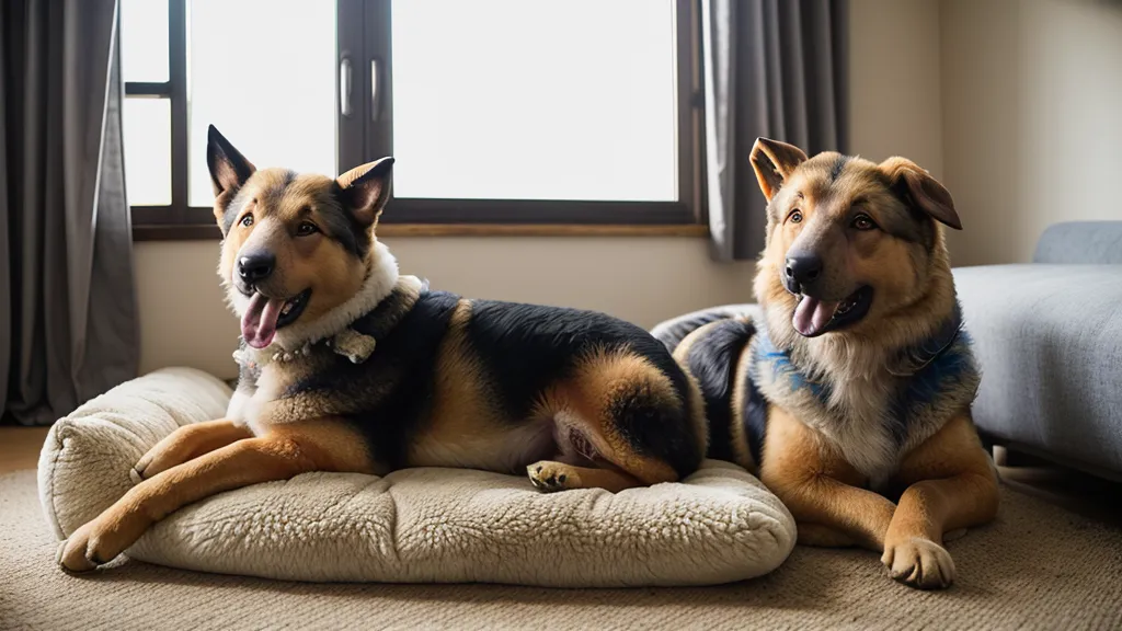 Chien de berger croisé heureux et calme dans son propre panier