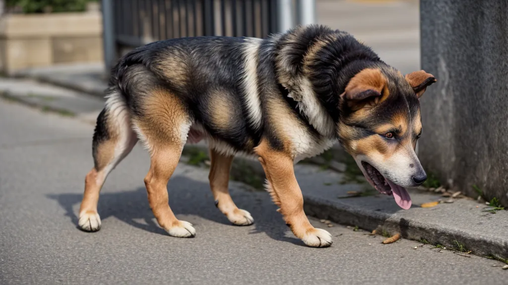 Un chien croisé berger reniflant de la nourriture jetée sur un trottoir en ville