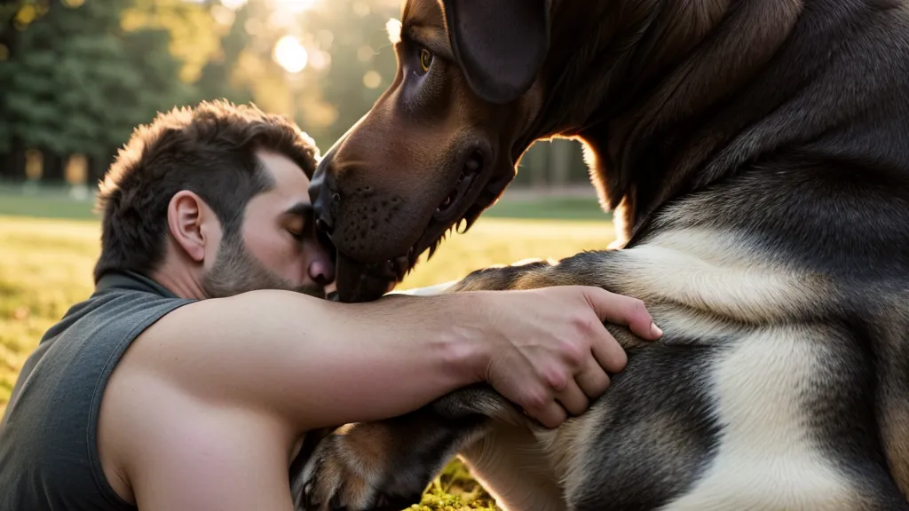Main d'un propriétaire posée calmement sur un chien qui a peur de l'orage, geste clé de comportement canin et d'éducation positive