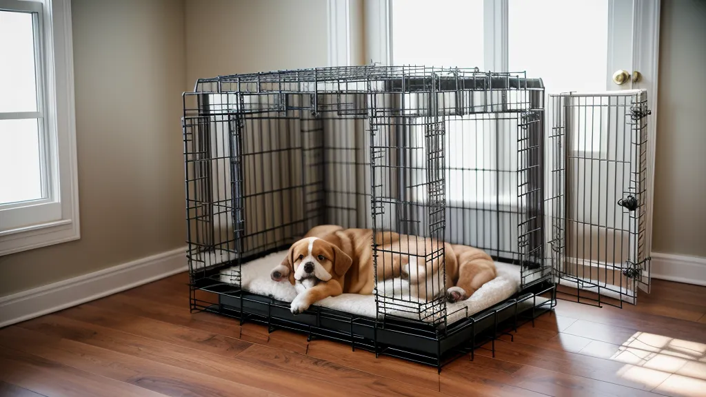 Jouet placé à l'entrée d'une cage pour chien pour encourager l'exploration.