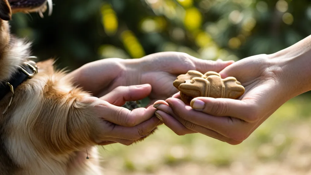 Gros plan sur une main donnant une récompense à un chien lors d'une séance d'éducation.