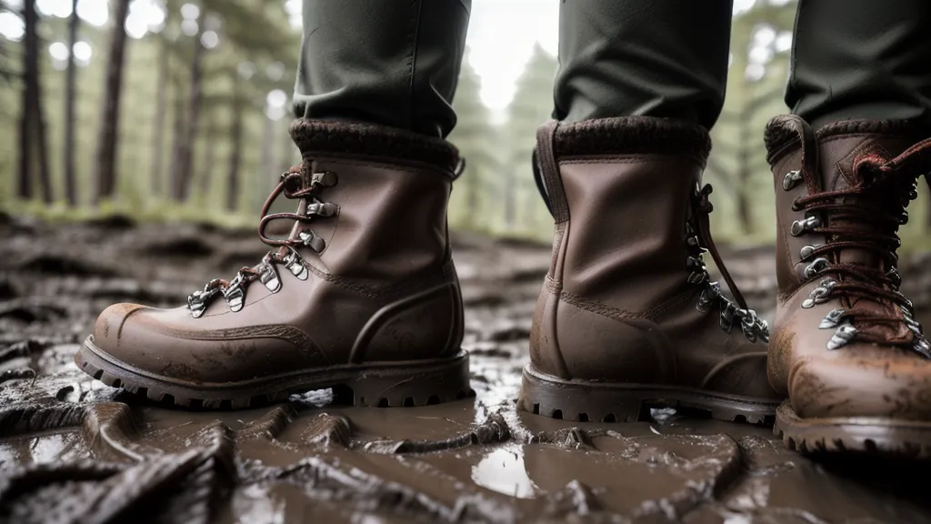 Chaussures de randonnée boueuses sur un sentier de forêt en hiver