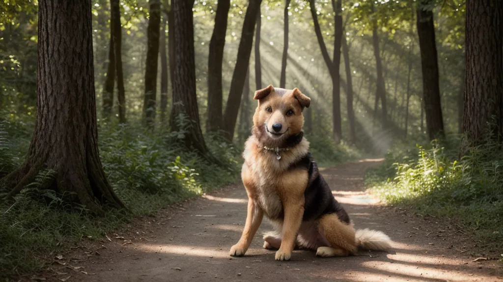 Chien assis avec attention devant son maître en forêt sous le soleil