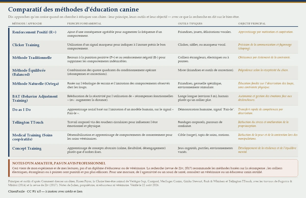Tableau comparatif de dix méthodes d'éducation canine avec, pour chacune, son principe fondamental, ses outils typiques et son objectif : renforcement positif, clicker training, méthode traditionnelle (outils aversifs), méthode équilibrée, méthode naturelle d'Ortega, BAT, Do as I Do, Tellington TTouch, medical training et concept training ; la recherche recommande les méthodes basées sur la récompense — ce sont les notes d'un amateur, pas un avis professionnel.